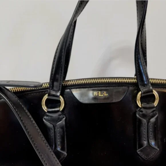 LRL RALPH LAUREN GLAZED LEATHER SATCHEL HAND BAG with GOLD Logo HARDWARE - Picture 5 of 16